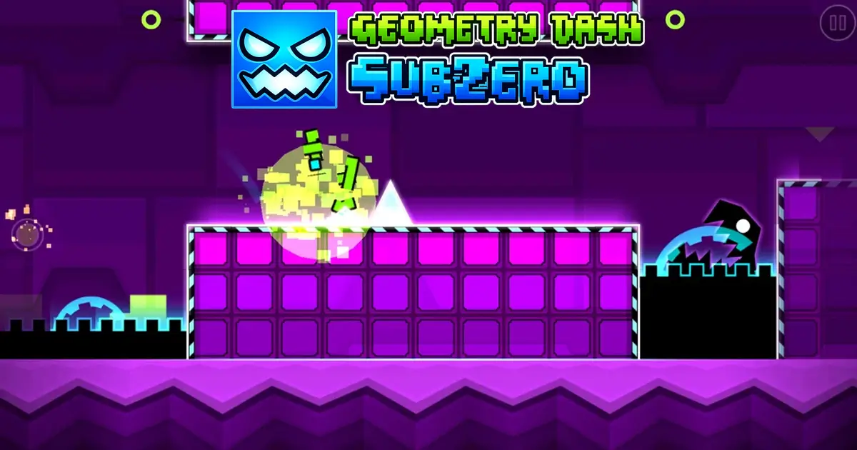 Play Geometry Dash Meltdown online with fiery rhythm platform gameplay and dark obstacle design